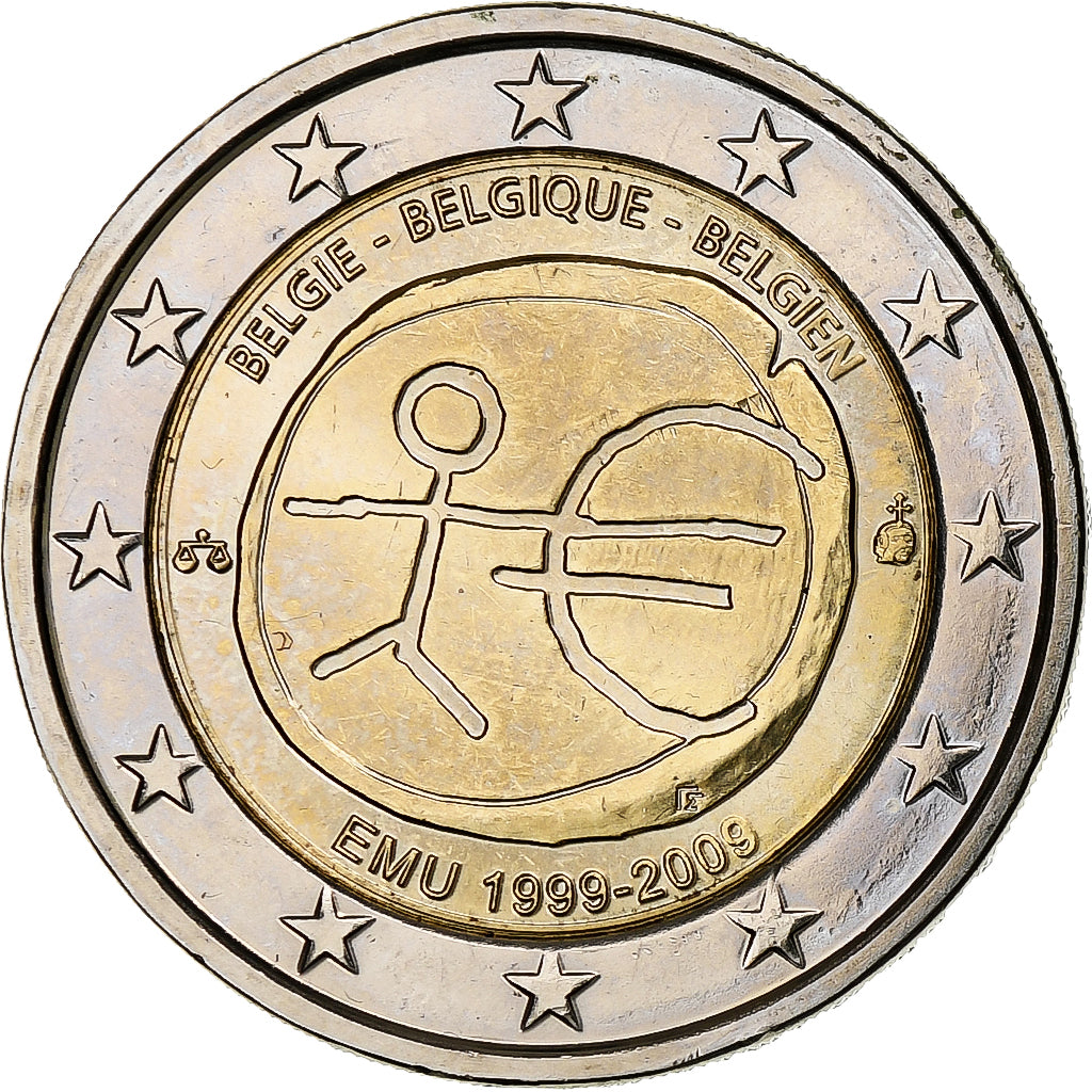 Belgicko,
2 eurá,
10. výročie emu