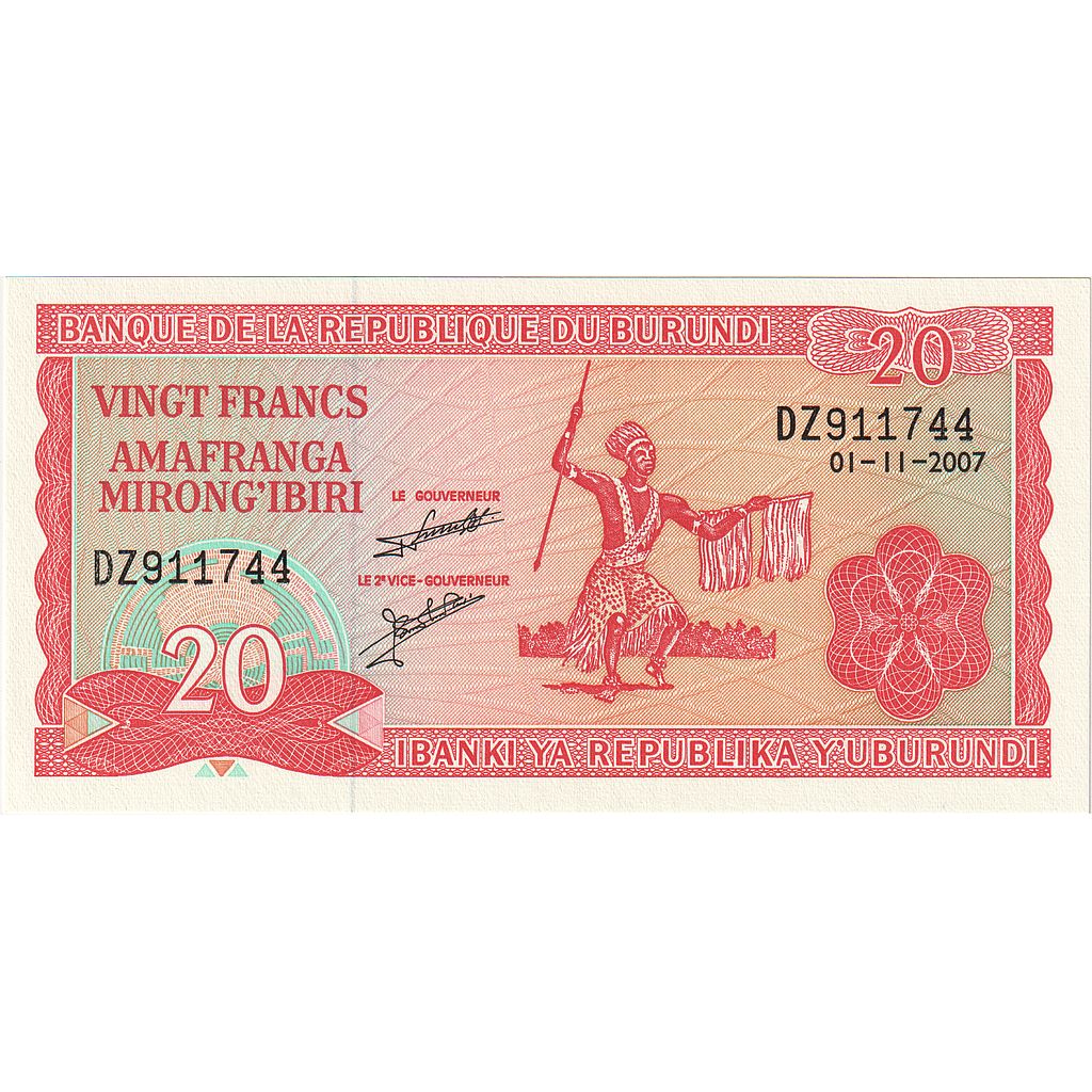 bankovka,
Burundi,
20 frankov