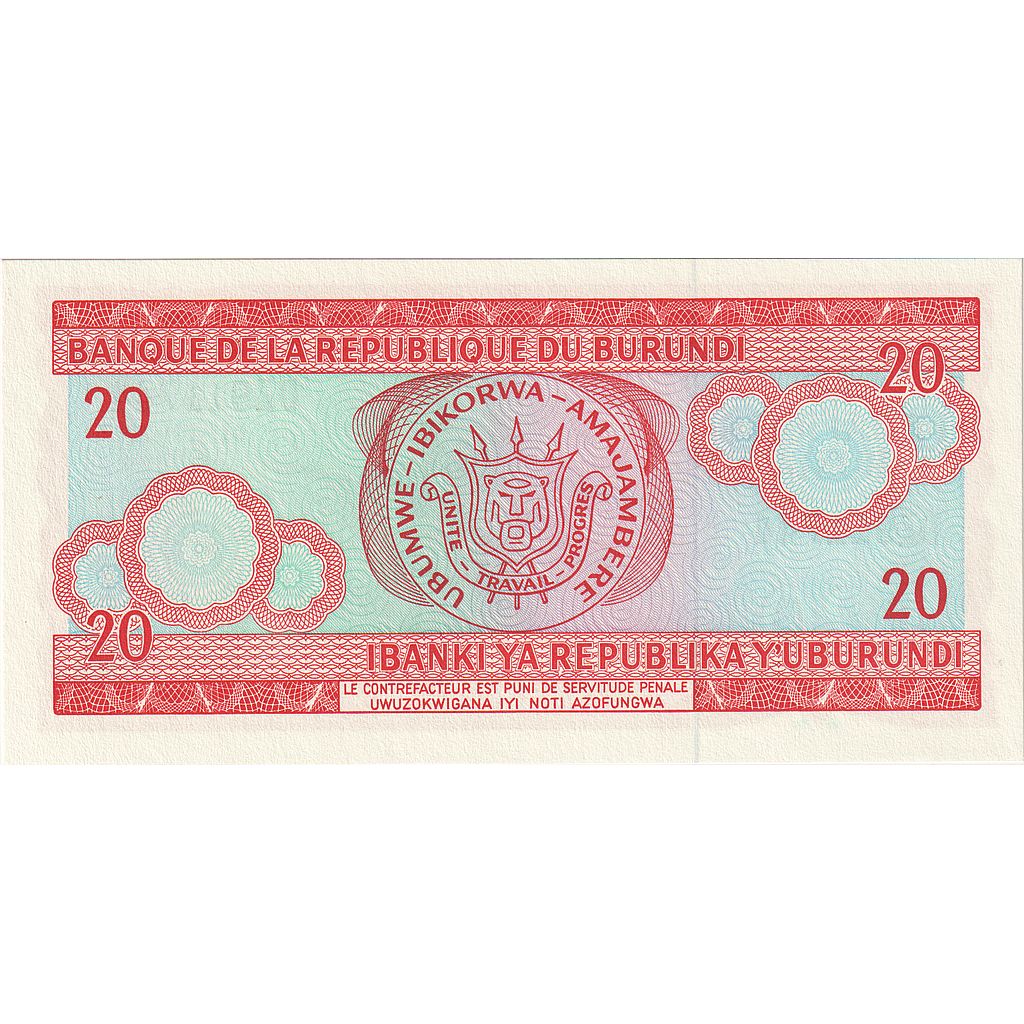 bankovka,
Burundi,
20 frankov