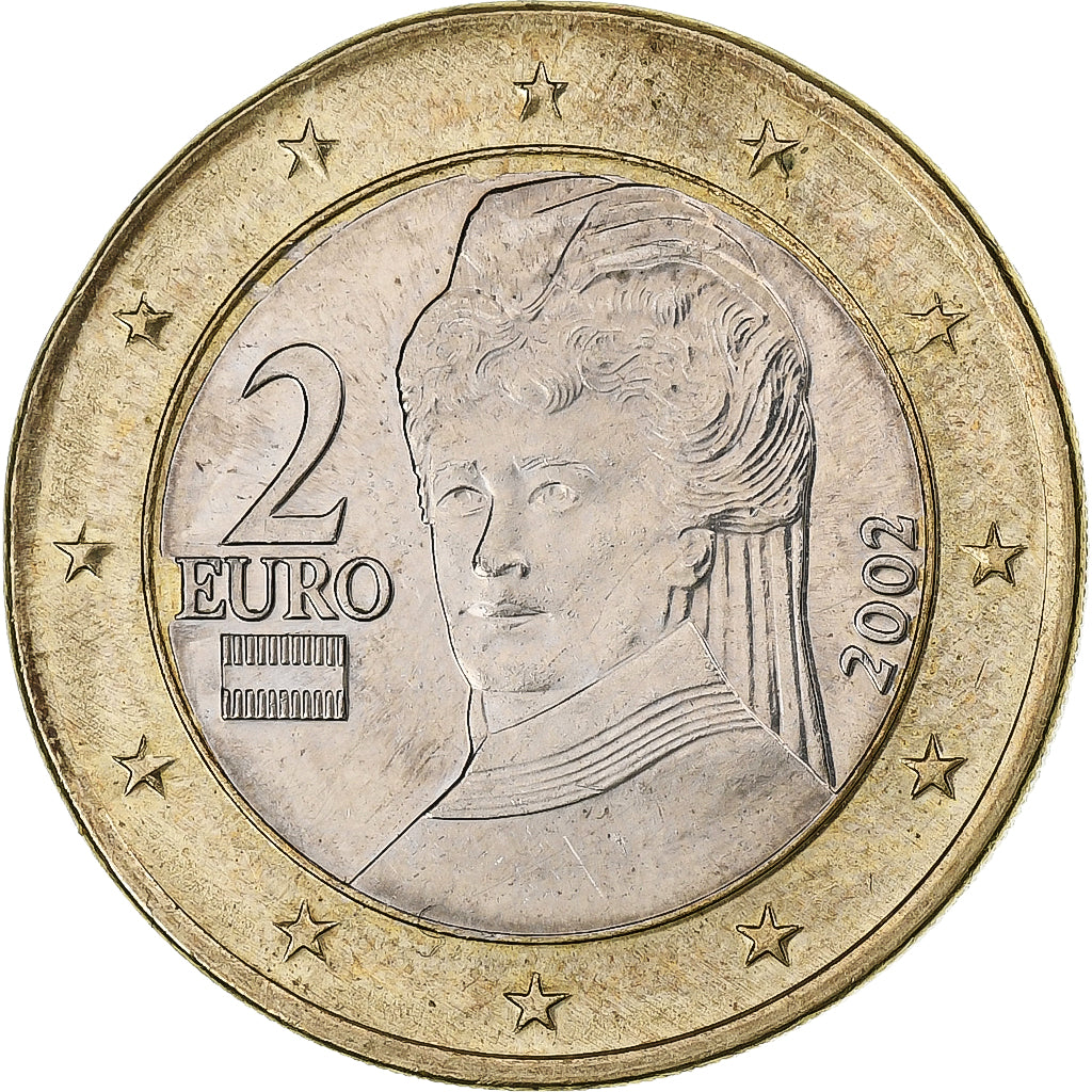 Rakúsko,
2 eurá,
chyba planžety zasiahnutá na 1 euro