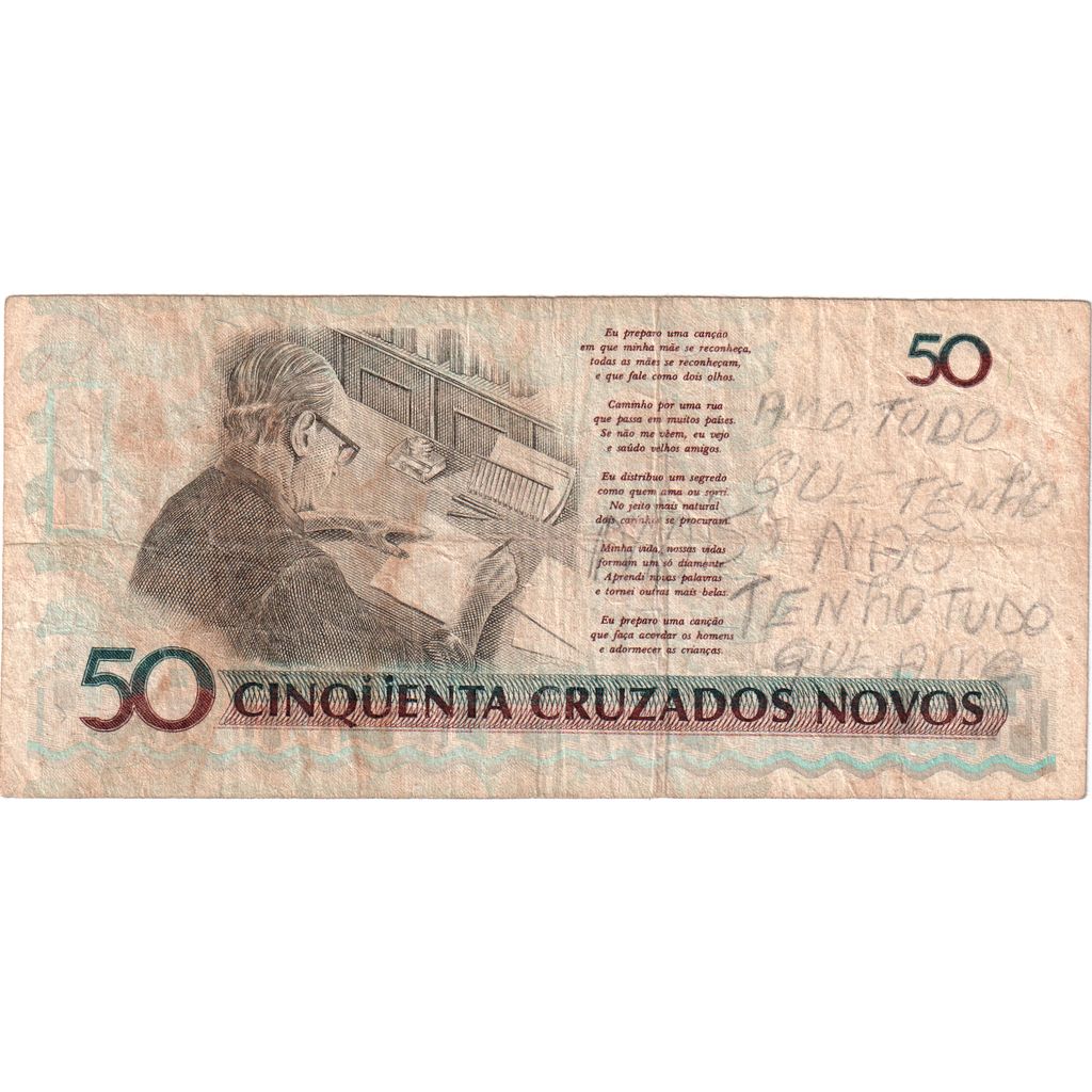 Brazília,
50 Cruzeiros na 50 Cruzados Novos,
VF(30-35)