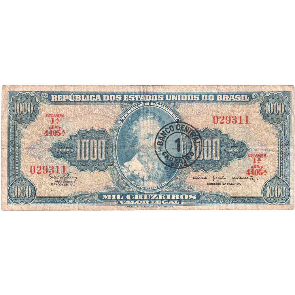 Brazília,
1 Cruzeiro Novo na 1000 Cruzeiros,
VF(20-25)