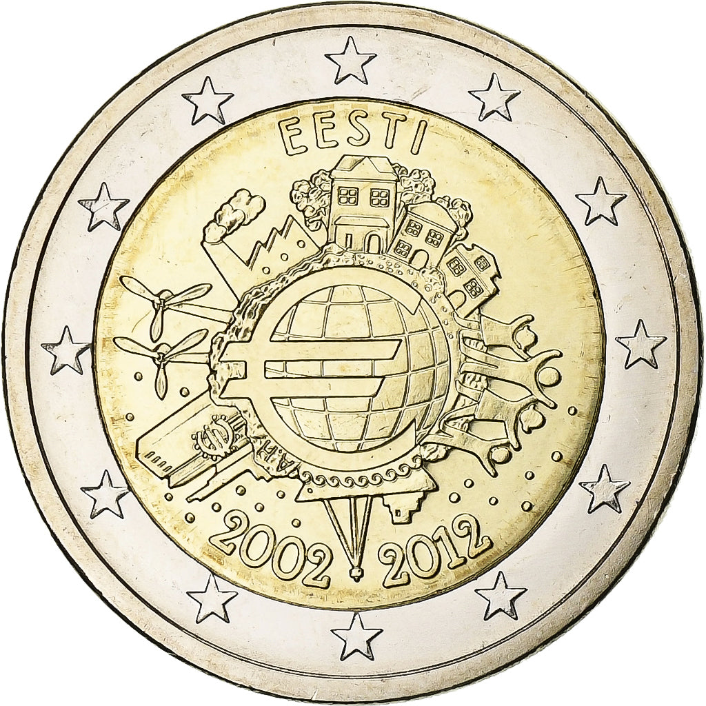 Estónsko,
2 eurá,
10 rokov v hotovosti v eurách
