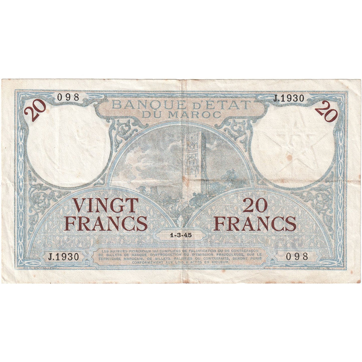 Maroko,
20 frankov,
1928-1929
