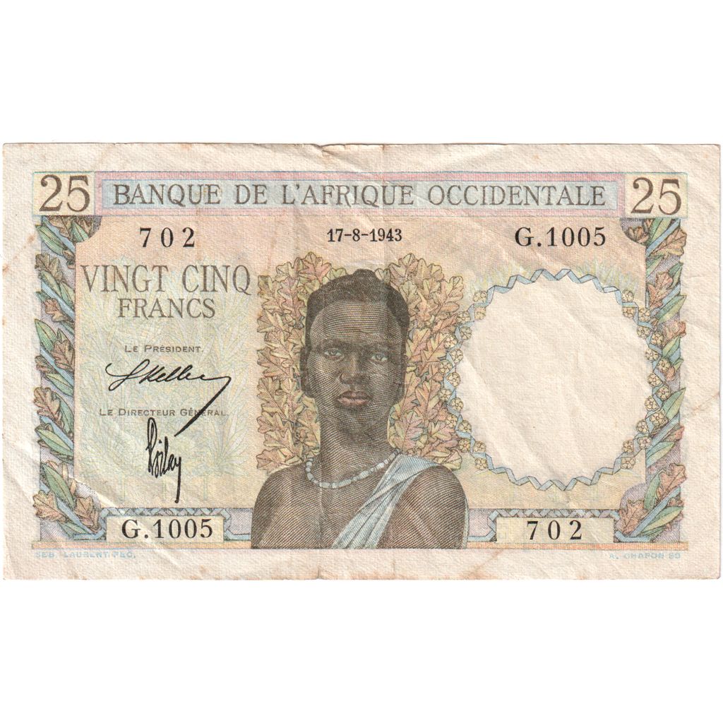 francúzska západná Afrika,
25 frankov,
1943-08-17