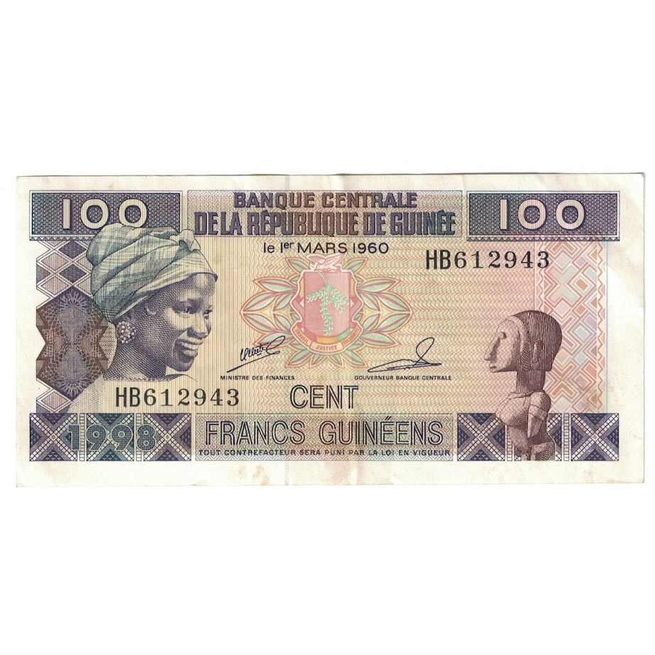 bankovka,
Guinea,
100 frankov