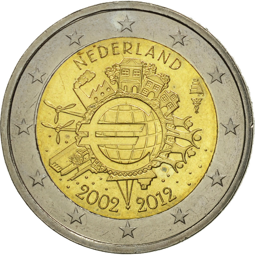 Holandsko,
2 eurá,
10 rokov euro