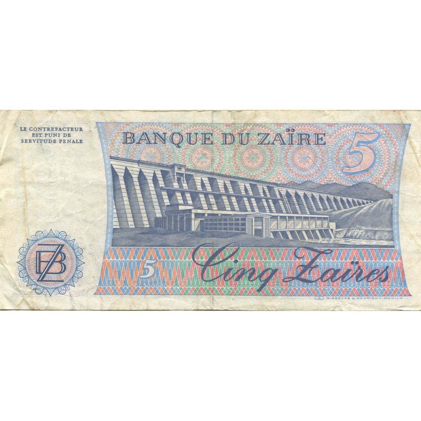 bankovka,
Zair,
5 Zaires