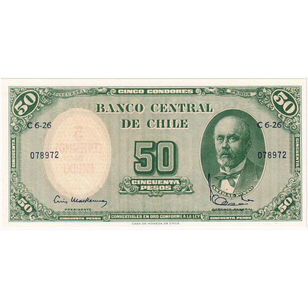 Čile, 
  
  5 centesimov za 50 pesos, 
  
  UNC(65-70)