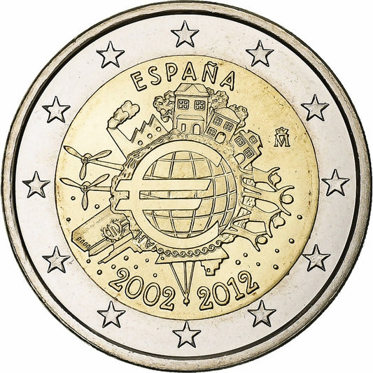 Španielsko, 
  
  2 eurá, 
  
  10 rokov v hotovosti v eurách