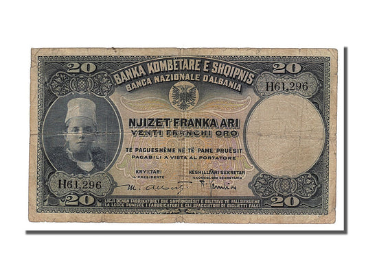 bankovka, 
  
  Albánsko, 
  
  20 Franka Ari