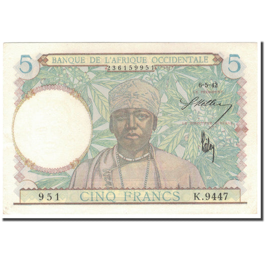 bankovka, 
  
  francúzska západná Afrika, 
  
  5 frankov